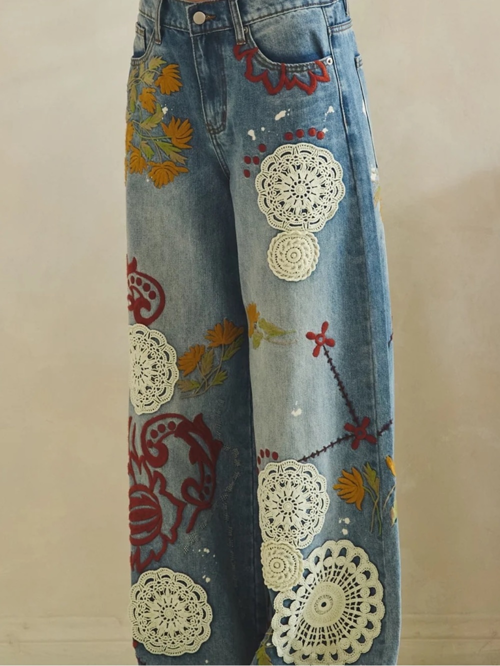 Oli & Hali Denim Wide-Leg Jeans with Cream, Mustard & Red Embroidery Small